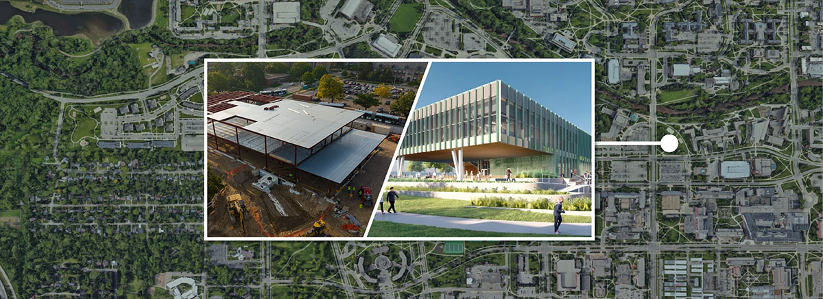 Renderings of aerial and front-facing view of the new Multicultural Center, which is under construction