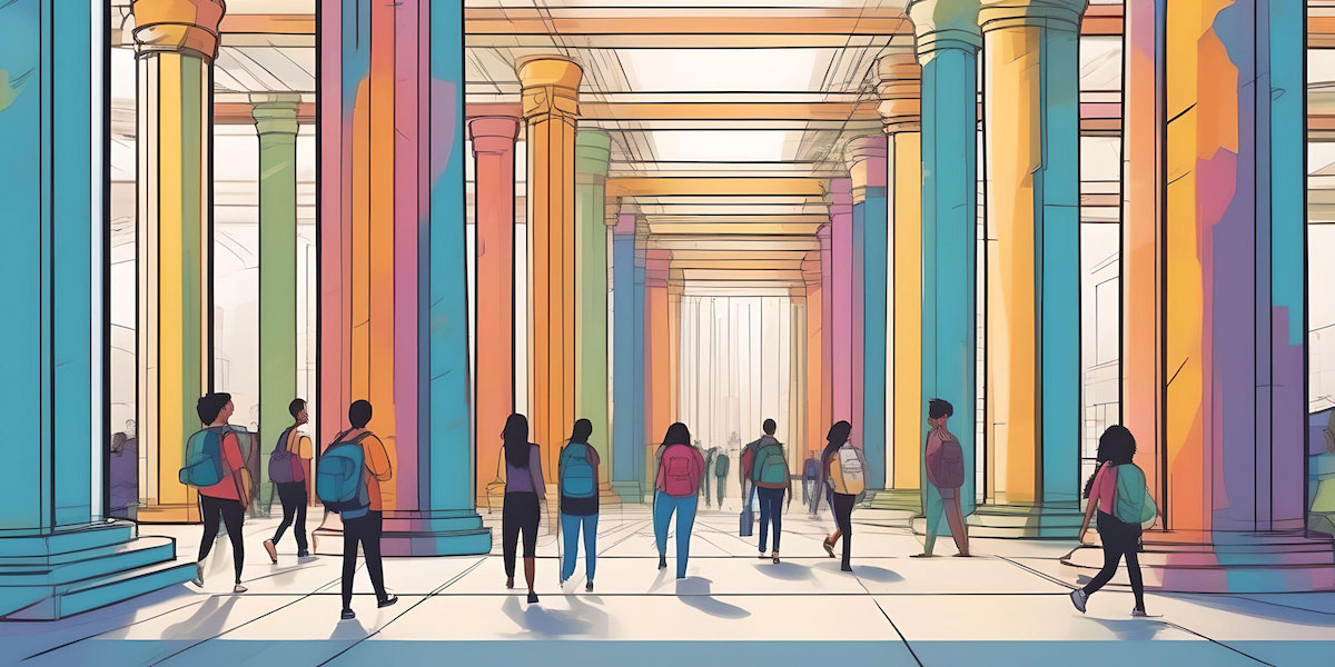 Illustration of students with backpacks walking through a building with brightly colored pillars and high ceilings.