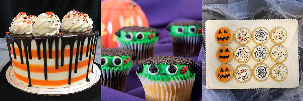 Images showing a variety of Halloween-inspired treats from MSU Bakers: Halloween drip cake, Frankenstein’s monster cupcakes and decorated cookies