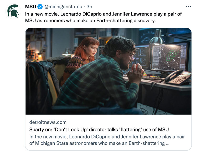 In a new movie, Leonardo DiCaprio and Jennifer Lawrence play a pair of MSU astronomers who make an Earth-shattering discovery.