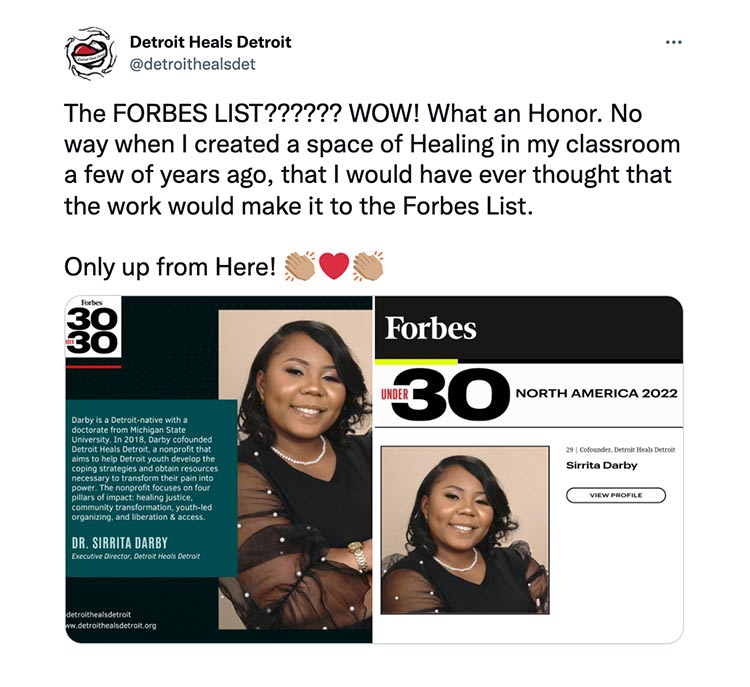 The FORBES LIST?????? WOW! What an Honor. No way when I created a space of Healing in my classroom a few of years ago, that I would have ever thought that the work would make it to the Forbes List. Only up from Here!