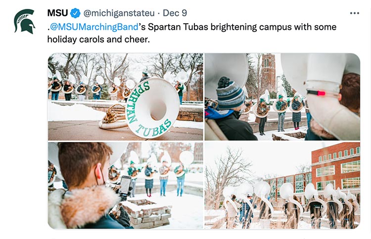 .@MSUMarchingBand’s Spartan Tubas brightening campus with some holiday carols and cheer.