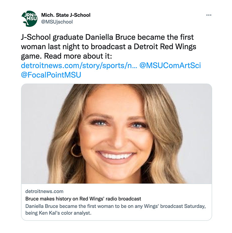 J-School graduate Daniella Bruce became the first woman last night to broadcast a Detroit Red Wings game.