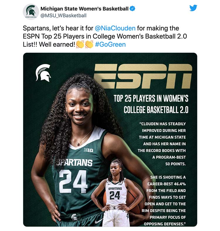 Spartans, let’s hear it for @NiaClouden for making the ESPN Top 25 Players in College Women’s Basketball 2.0 List!! Well earned!👏👏 #GoGreen