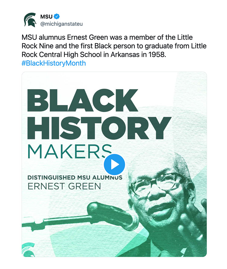 MSU alumnus Ernest Green was a member of the Little Rock Nine and the first Black person to graduate from Little Rock Central High School in Arkansas in 1958. #BlackHistoryMonth