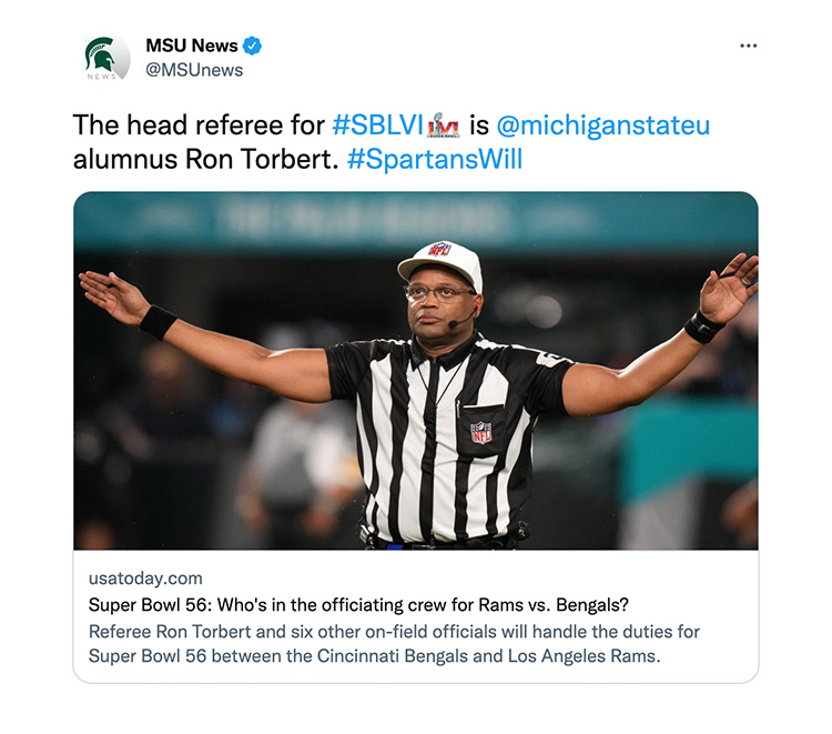 The head referee for #SBLVI is @michiganstateu alumnus Ron Torbert. #SpartansWill