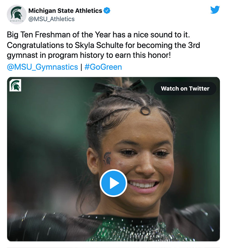 Big Ten Freshman of the Year has a nice sound to it. Congratulations to Skyla Schulte for becoming the 3rd gymnast in program history to earn this honor! @MSU_Gymnastics | #GoGreen