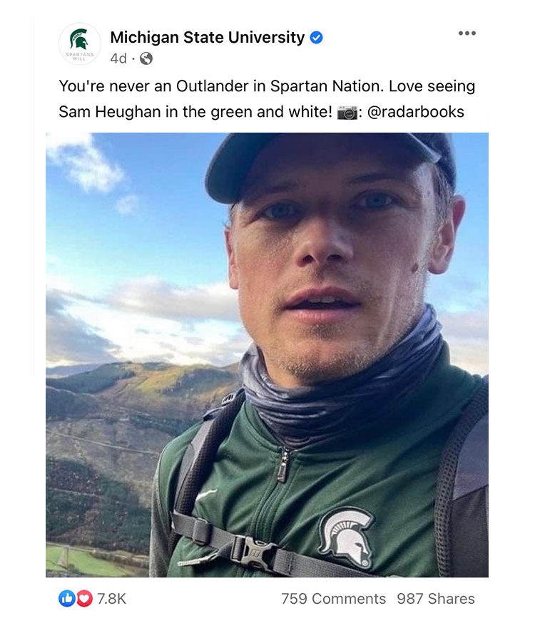 You're never an Outlander in Spartan Nation. Love seeing Sam Heughan in the green and white! 📷: @radarbooks