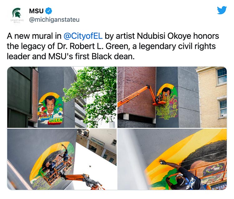 A new mural in @CityofEL by artist Ndubisi Okoye honors the legacy of Dr. Robert L. Green, a legendary civil rights leader and MSU's first Black dean.