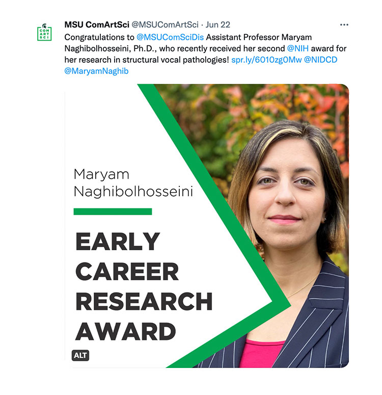 Congratulations to @MSUComSciDis Assistant Professor Maryam Naghibolhosseini, Ph.D., who recently received her second @NIH award for her research in structural vocal pathologies! 