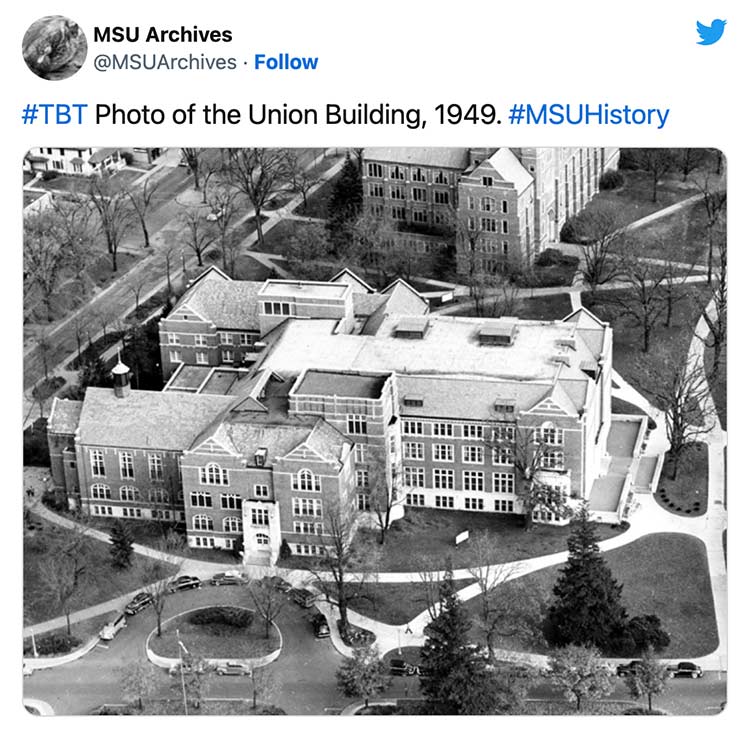 #TBT Photo of the Union Building, 1949. #MSUHistory