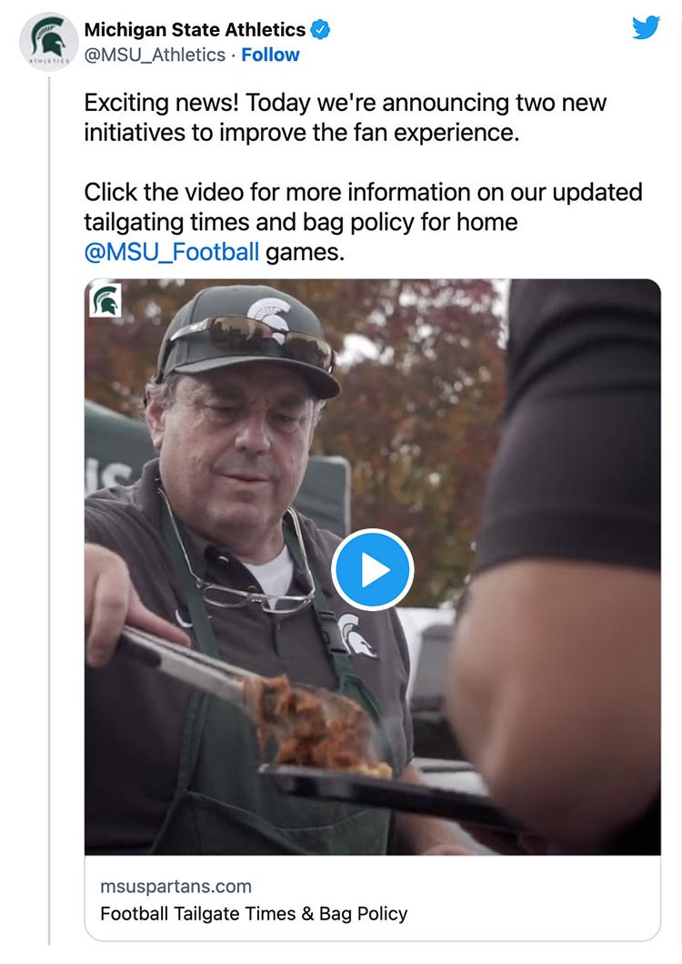 Exciting news! Today we're announcing two new initiatives to improve the fan experience. Click the video for more information on our updated tailgating times and bag policy for home @MSU_Football games.