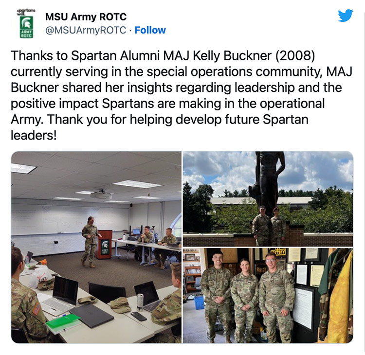 Thanks to Spartan Alumni MAJ Kelly Buckner (2008) currently serving in the special operations community, MAJ Buckner shared her insights regarding leadership and the positive impact Spartans are making in the operational Army. Thank you for helping develop future Spartan leaders!