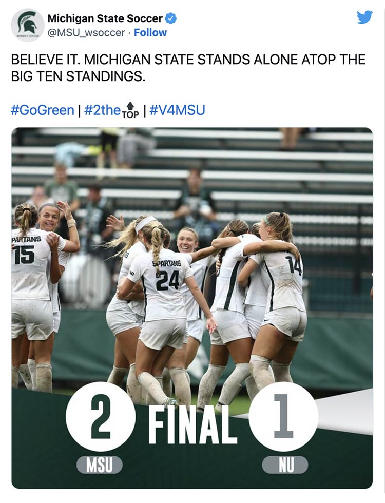 BELIEVE IT. MICHIGAN STATE STANDS ALONE ATOP THE BIG TEN STANDINGS. #GoGreen | #2the🔝 | #V4MSU