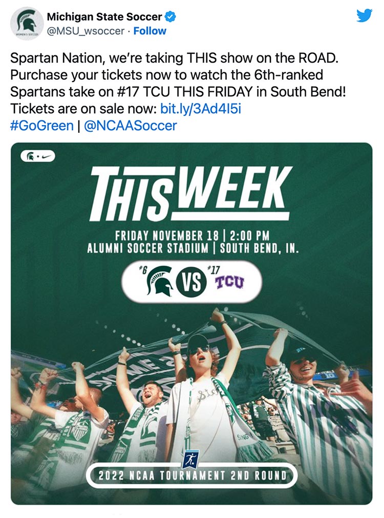 Spartan Nation, we’re taking THIS show on the ROAD. Purchase your tickets now to watch the 6th-ranked Spartans take on #17 TCU THIS FRIDAY in South Bend! Tickets are on sale now. #GoGreen | @NCAASoccer