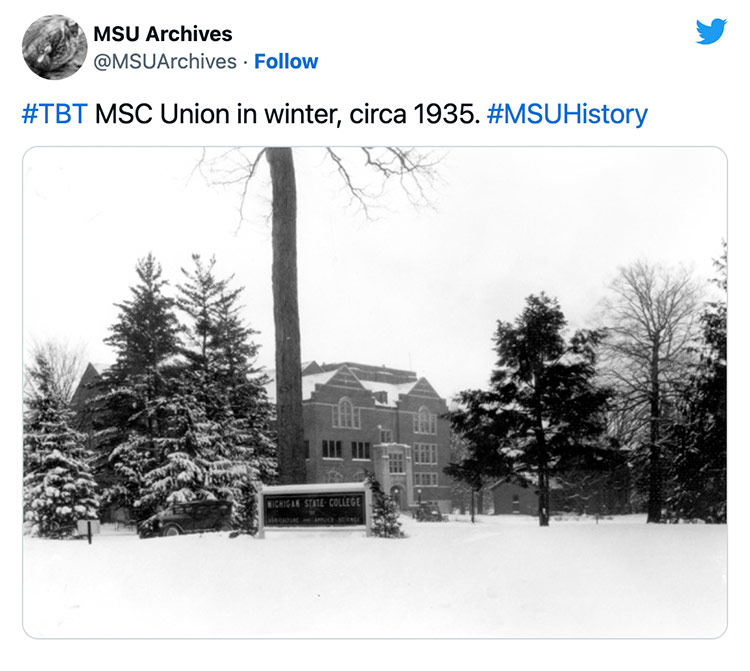 #TBT MSC Union in winter, circa 1935. #MSUHistory