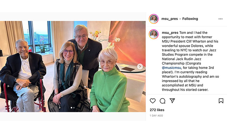 Tom and I had the opportunity to meet with former MSU President Clif Wharton and his wonderful spouse Dolores, while traveling to NYC to watch our Jazz Studies Program compete in the National Jack Rudin Jazz Championship (Congrats @musicmsu, for taking home 3rd place!). I'm currently reading Wharton's autobiography and am so impressed by all that he accomplished at MSU and throughout his storied career.
