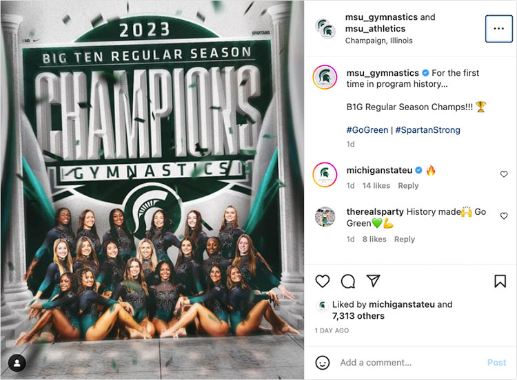 MSU Gymnastics: For the first time in program history… B1G Regular Season Champs!!! 🏆 #GoGreen | #SpartanStrong