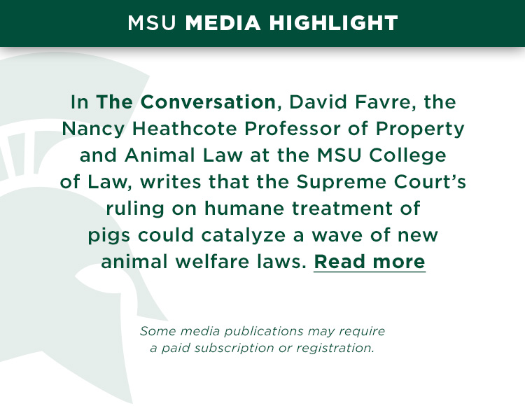 In The Conversation, David Favre, the Nancy Heathcote Professor of Property and Animal Law at the MSU College of Law, writes that the Supreme Court’s ruling on humane treatment of pigs could catalyze a wave of new animal welfare laws