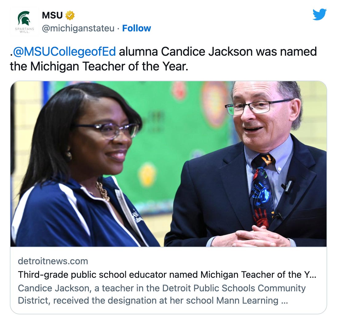 .@MSUCollegeofEd alumna Candice Jackson was named the Michigan Teacher of the Year.