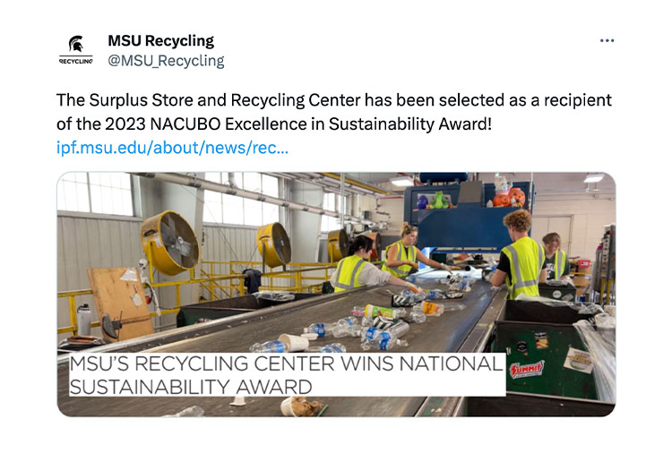 The Surplus Store and Recycling Center has been selected as a recipient of the 2023 NACUBO Excellence in Sustainability Award!