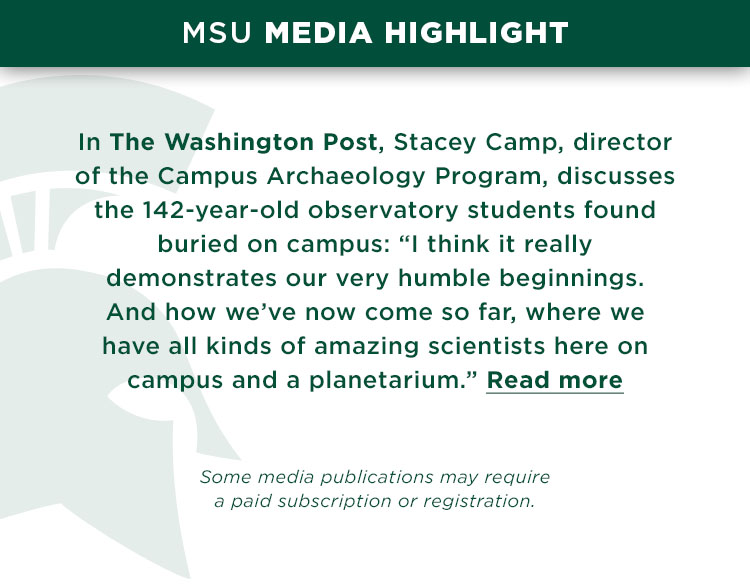 In The Washington Post, Stacey Camp, director of the Campus Archaeology Program, discusses the 142-year-old observatory students found buried on campus: “I think it really demonstrates our very humble beginnings. And how we’ve now come so far, where we have all kinds of amazing scientists here on campus and a planetarium.”
