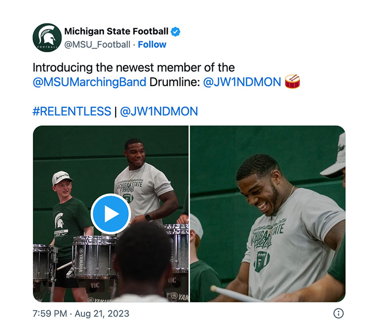 Introducing the newest member of the @MSUMarchingBand Drumline: @JW1NDMON 🥁