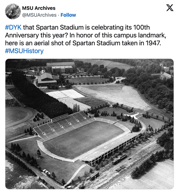 #DYK that Spartan Stadium is celebrating its 100th Anniversary this year? In honor of this campus landmark, here is an aerial shot of Spartan Stadium taken in 1947. #MSUHistory