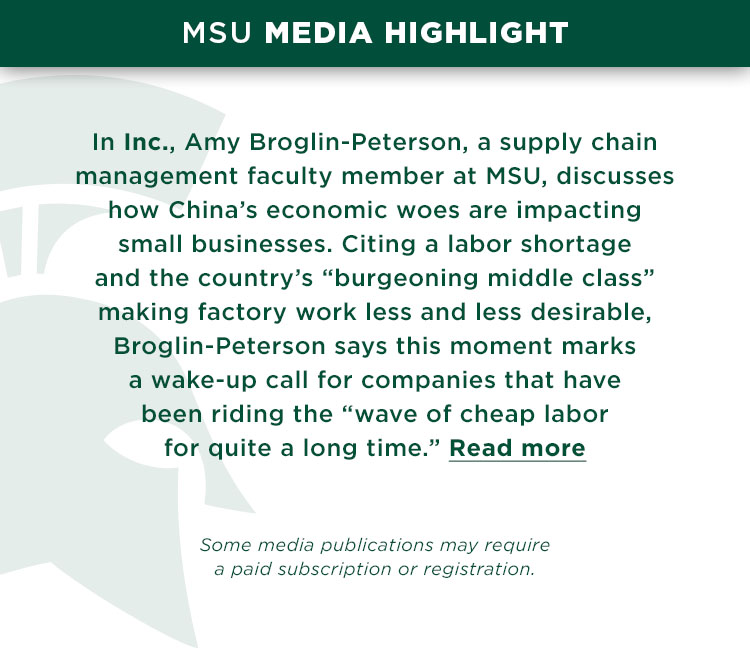 In Inc., Amy Broglin-Peterson, a supply chain management faculty member at Michigan State University, discusses how China’s economic woes are impacting small businesses. Citing a labor shortage and the country's “burgeoning middle class” making factory work less and less desirable, Broglin-Peterson says this moment marks a wake-up call for companies that have been riding the “wave of cheap labor for quite a long time.”