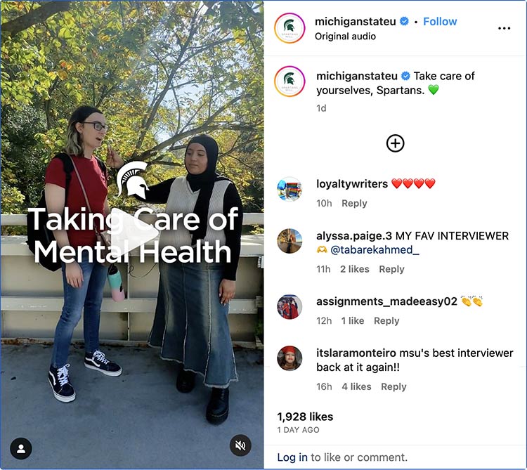 Instragram video of students on campus being asked how they take care of their mental health, titled “Taking Care of Mental Health”