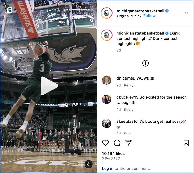 An Instagram post that features a men's MSU basketball player with a No. 3 jersey dunking the basketball into the net.