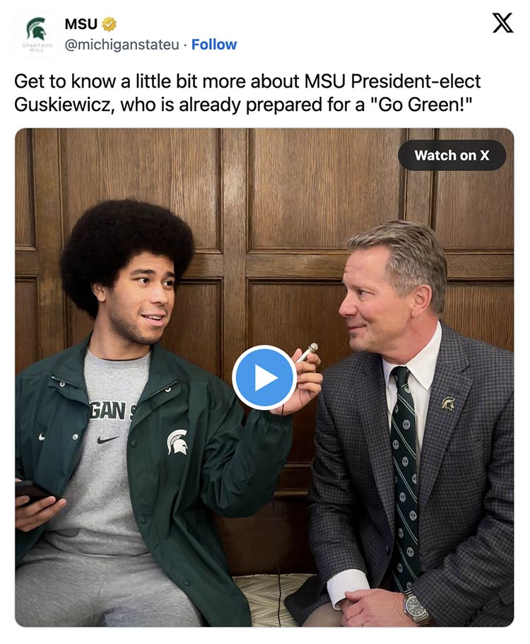 On Twitter, student Cionne Casanova interviews President-elect Kevin Guskiewicz with a tiny microphone.