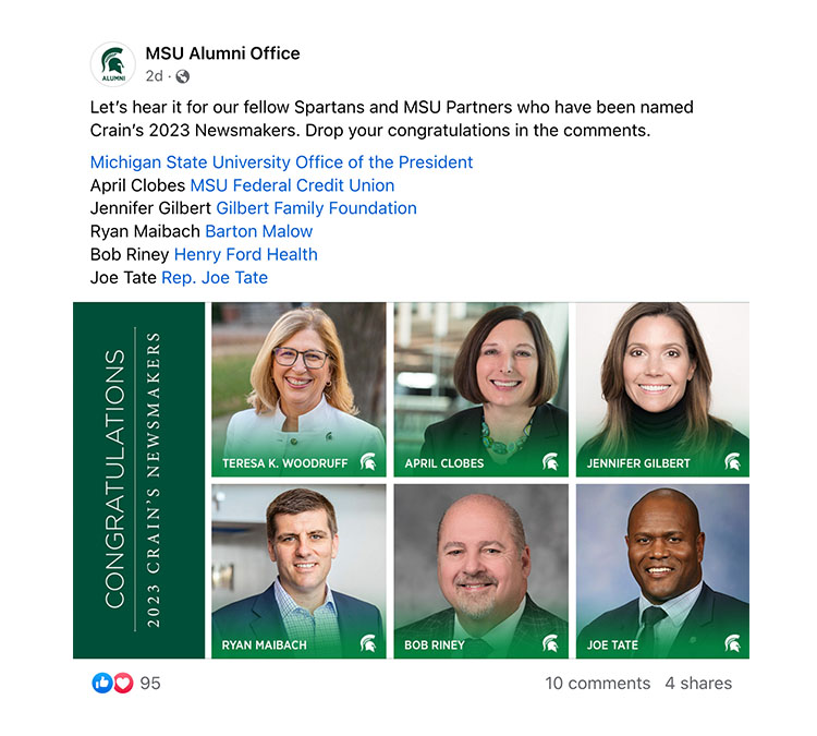 Let’s hear it for our fellow Spartans and MSU Partners who have been named Crain’s 2023 Newsmakers. Drop your congratulations in the comments.