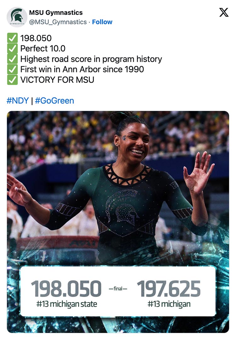 On Twitter, a graphic with a Spartan gymnast celebrating that shares the following stats: 198.050; Perfect 10.0; Highest road score in program history; First win in Ann Arbor since 1990; VICTORY FOR MSU.