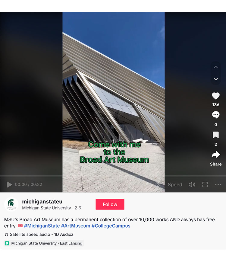 A TikTok that features the entrance to the MSU Broad Art Museum with text that says “Come with me to the Broad Art Museum”