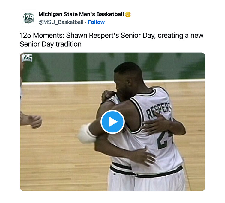 In a tweet on the platform X, a video shows former MSU basketball player Shawn Respert on his senior day where he started the tradition of kissing center court of the Breslin Center the last time he was on the court. Text reads: 125 Moments: Shawn Respert's Senior Day, creating a new Senior Day tradition
