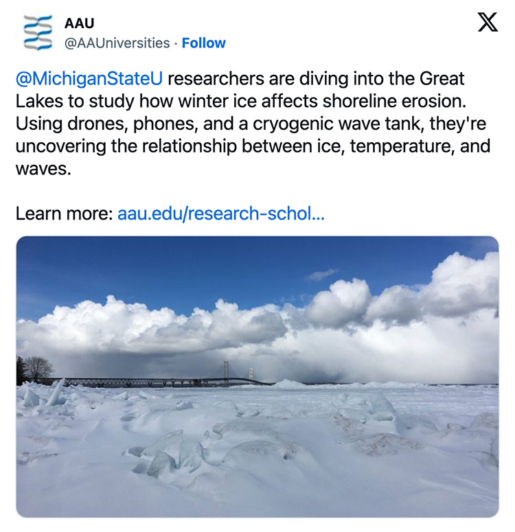 A tweet on X has an image of a snowy shoreline in front the Mackinac Bridge. Text in the copy of the tweet says: @MichiganStateU researchers are diving into the Great Lakes to study how winter ice affects shoreline erosion. Using drones, phones, and a cryogenic wave tank, they're uncovering the relationship between ice, temperature, and waves.