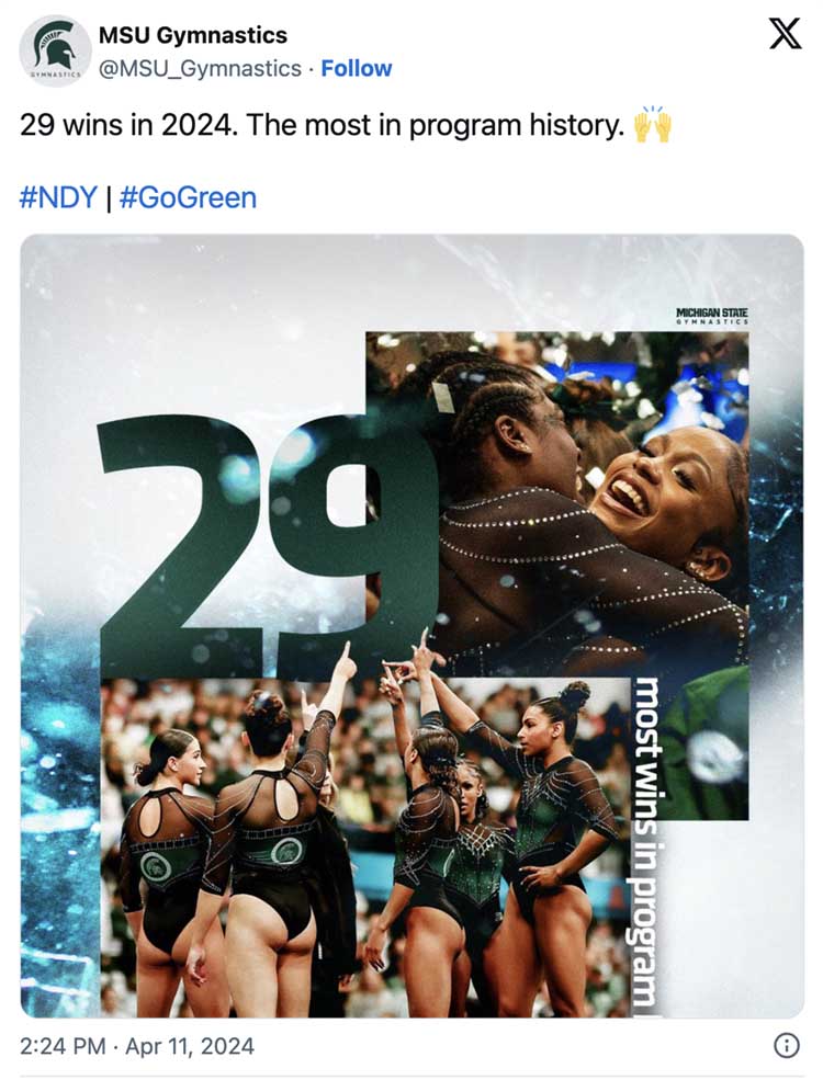 In a tweet, MSU Gymnastics shared a graphic that has photos of Spartan gymnasts, with the number 29 and text: Most wins in program history. There is accompany text that says: 29 wins in 2024. The most in program history. #NDY | #GoGreen