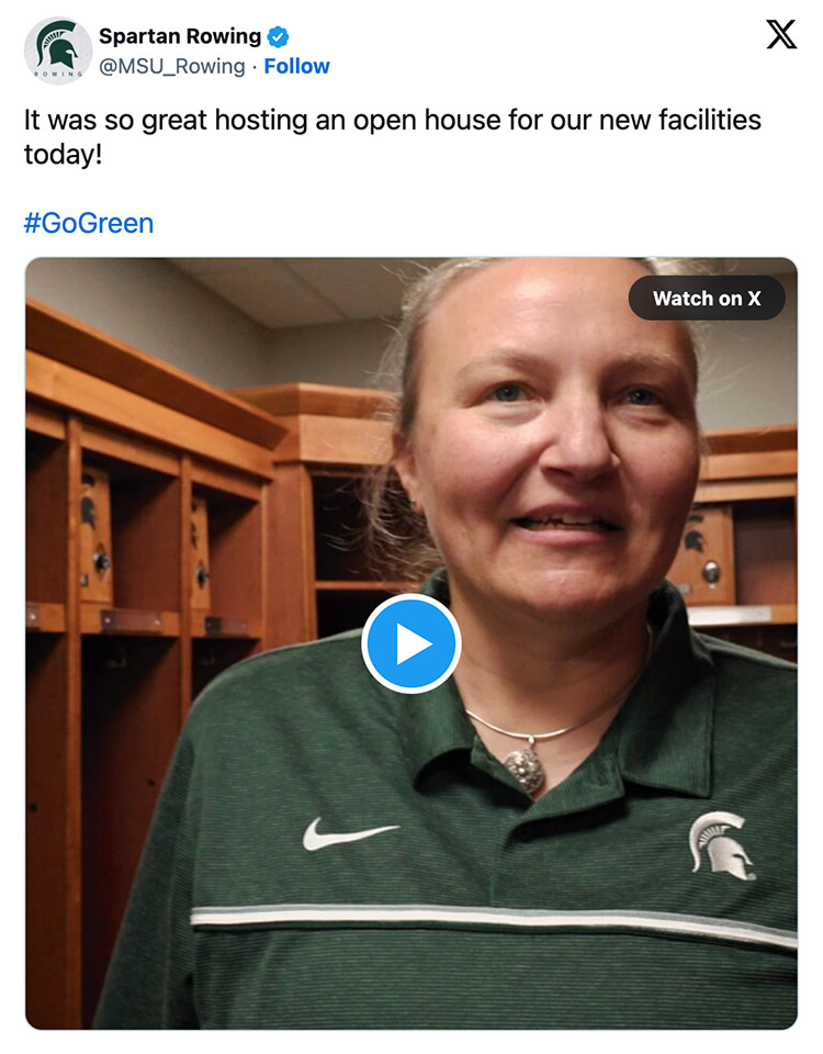 In a tweet, MSU Rowing shared a video that showcased an open house for its news facilities. It had accompanying text that said: It was so great hosting an open house for our new facilities today! #GoGreen