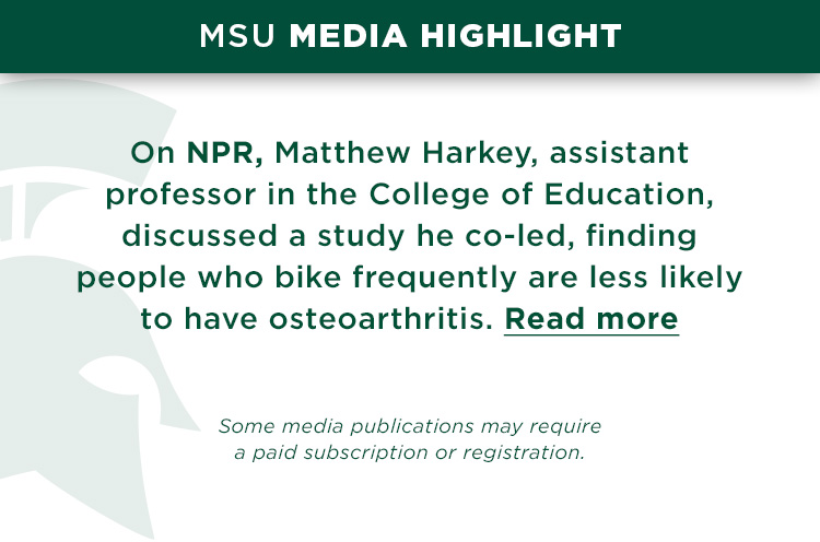 On NPR, Matthew Harkey, assistant professor in the College of Education, discussed a study he co-led, finding people who bike frequently are less likely to have osteoarthritis.