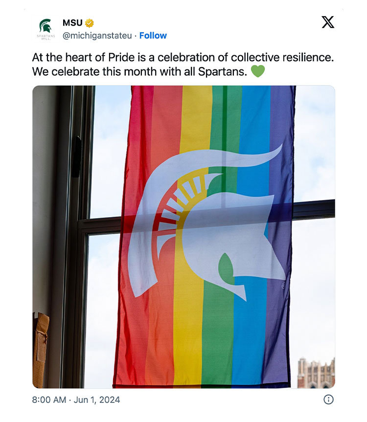 A tweet on X, formerly Twitter, that has a rainbow flag with a white Spartan helmet hanging in a window. There is accompanying text that says: At the heart of Pride is a celebration of collective resilience. We celebrate this month with all Spartans.