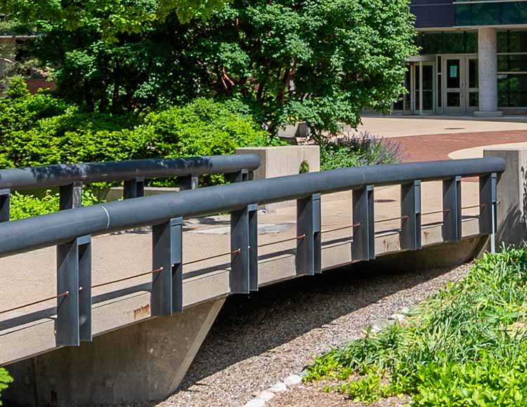 A concrete bridge near greenery and trees. There is a building in the distance.