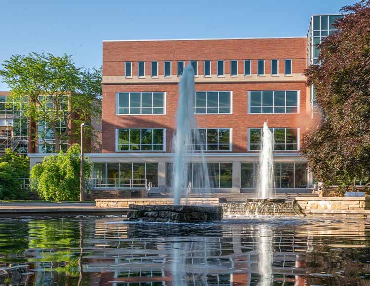 The fountain in front of the MSU Main Library.