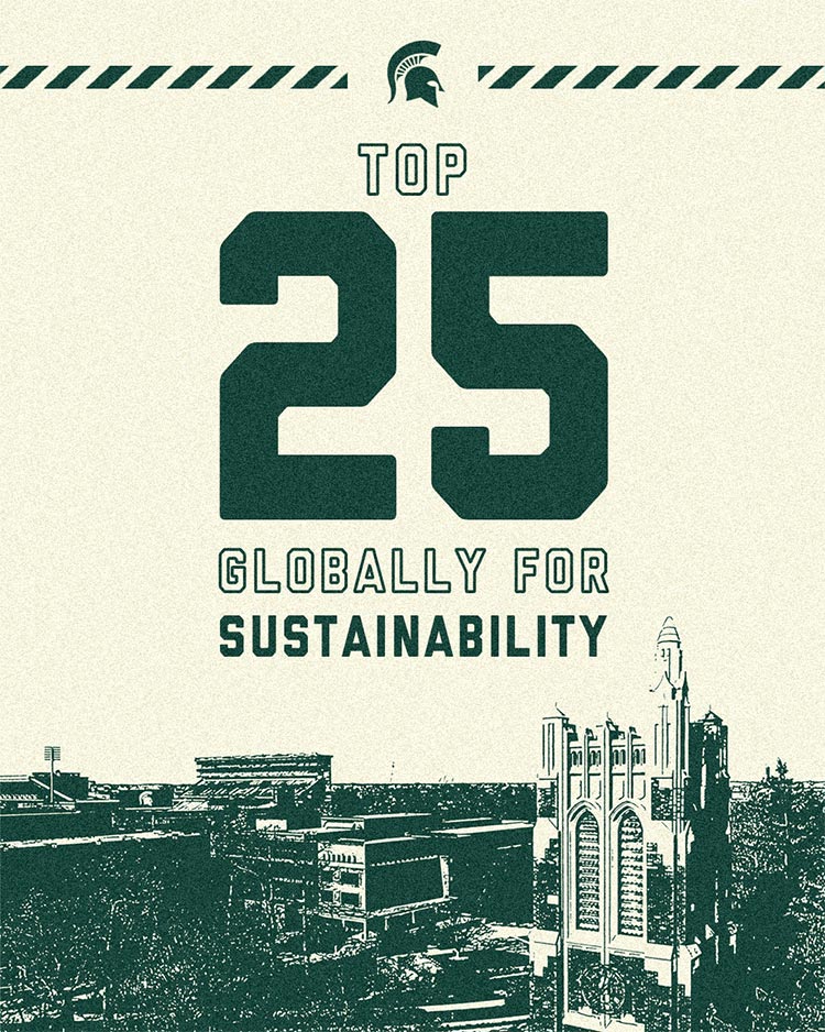 A parchment colored graphic that has a green Spartan helmet at the very top with green text that says: Top 25 globally for sustainability. Below the text is a green graphical treatment of the MSU skyline.