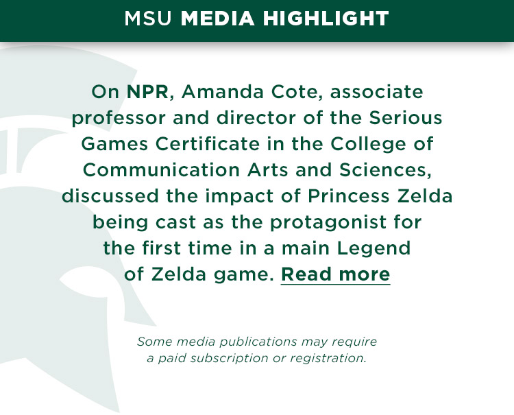 On NPR, Amanda Cote, associate professor and director of the Serious Games Certificate in the College of Communication Arts and Sciences, discussed the impact of Princess Zelda being cast as the protagonist for the first time in a main Legend of Zelda game.