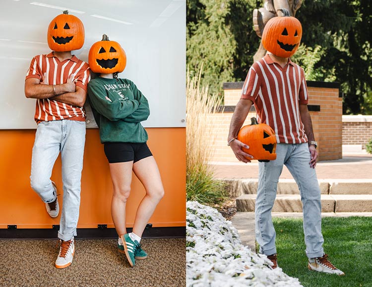 A collage of two photos: On the left, two individuals lean against a dry erase board wearing pumpkin heads with jack o’ lantern faces. On the right, an individual stands in front of the Spartan wearing a pumpkin head and holding a pumpkin head; both have jack o’ lantern faces.
