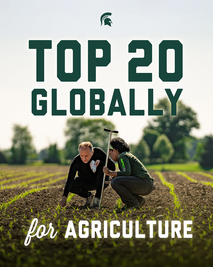 An image of two individuals crouching near landed prepared to be farmed. There is a Spartan helmet with green text that says: Top 20 globally for agriculture
