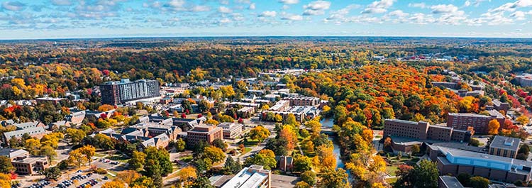 A drone image of fall on campus.
