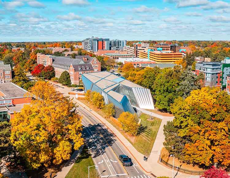An aerial photo of north campus, overlooking the MSU Broad Art Museum and Berkey Hall.