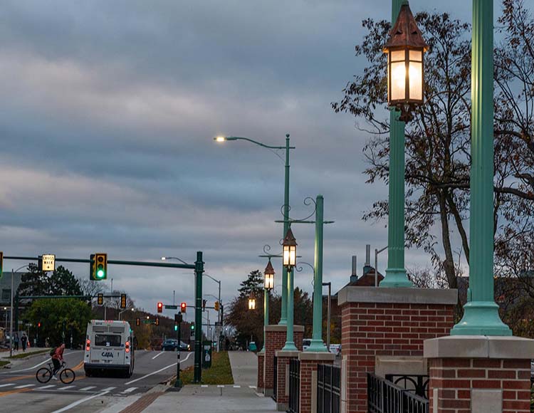 Vintage lampposts at sunset